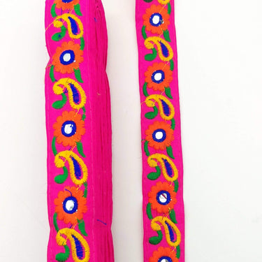 Fuchsia Pink Floral Mirrored Trim With Orange Flowers And Yellow Paisley Embroidery, Decorative Trimming, Trim By 3 Yards